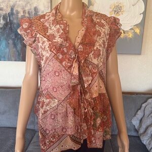 NWOT Floral Patchwork Ruffle Blouse - Pink and Brown